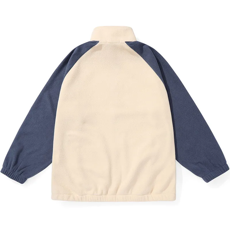 Color Block Embroidered Raglan Sleeves Fleece Couple Jacket