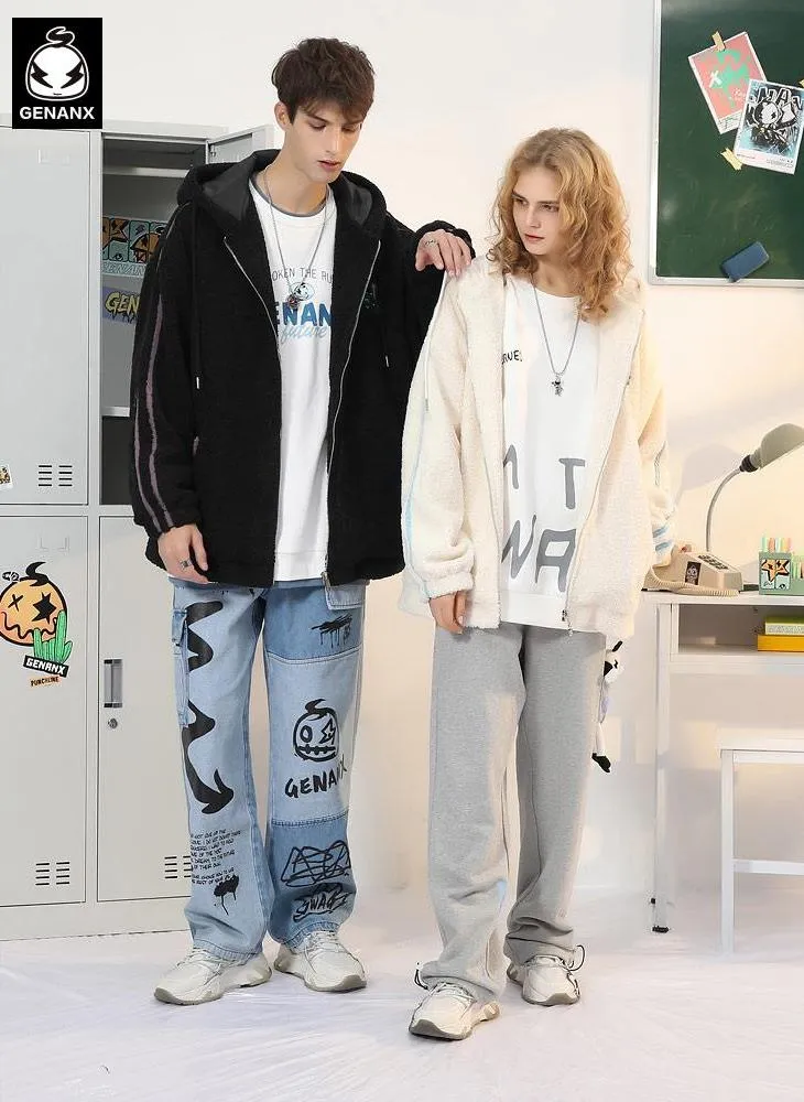 Color Block Letter Embroidered Hooded Fleece Couple Jacket