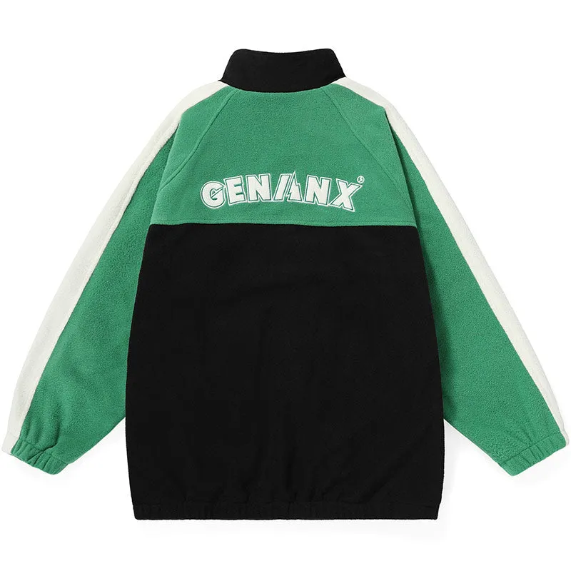 Color Block Letter Embroidery Polar Fleece Jacket