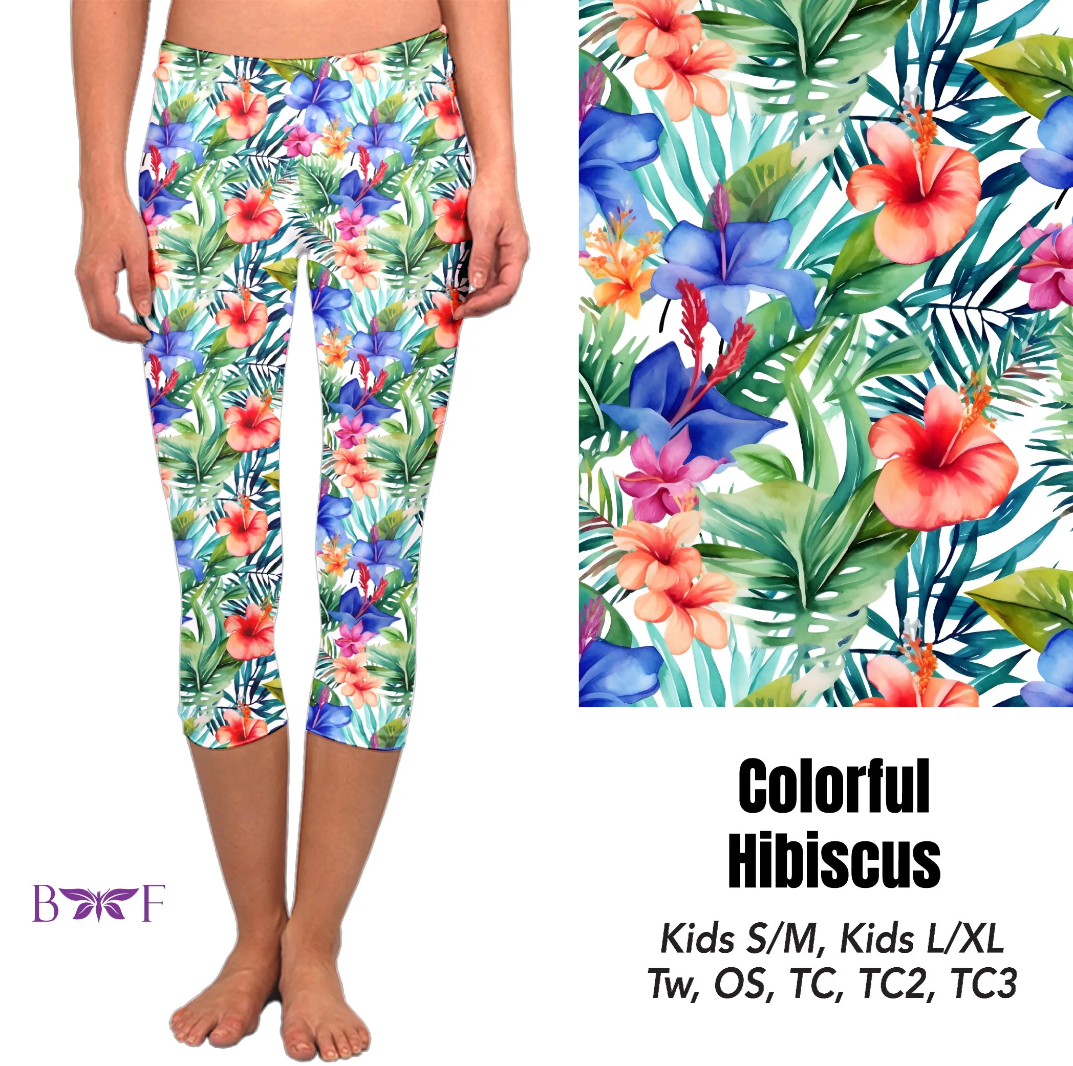 Colorful Hibiscus leggings, capris, and skorts with pockets