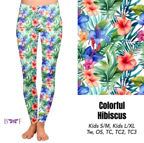 Colorful Hibiscus leggings, capris, and skorts with pockets