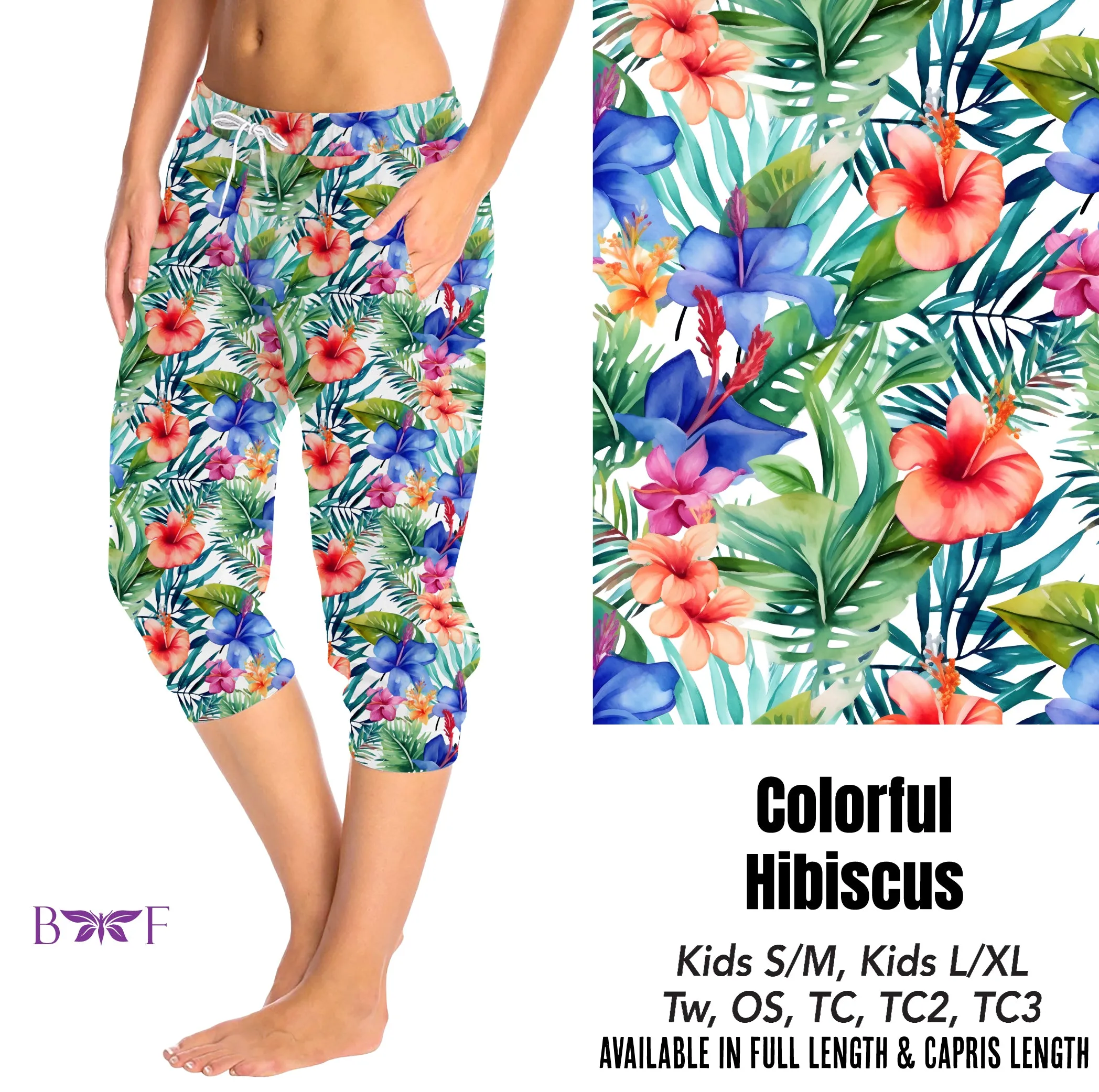 Colorful Hibiscus leggings, capris, and skorts with pockets