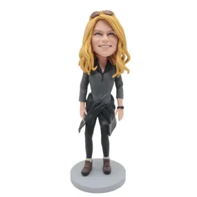 Cool Female In Grey Coat And Coat Is Wrapped Around The Waist Custom Figure Bobblehead