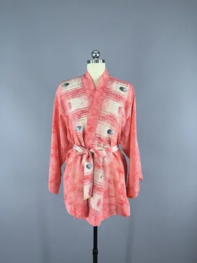 Coral Pink Floral Silk Kimono Cardigan Jacket made from a Vintage Indian Sari