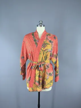 Coral Yellow Embroidered Silk Kimono Cardigan made from a Vintage Indian Sari