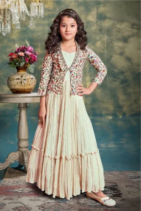 Cream Multicolor Digital Print Overcoat Styled Long Party Gown for Girls