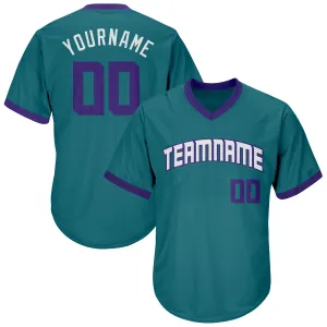 Custom Aqua Purple-White Authentic Throwback Rib-Knit Baseball Jersey Shirt