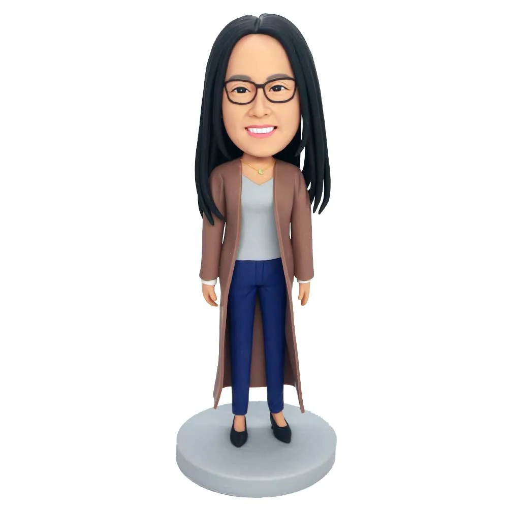 Custom Female Teacher Bobblehead In Brown Coat