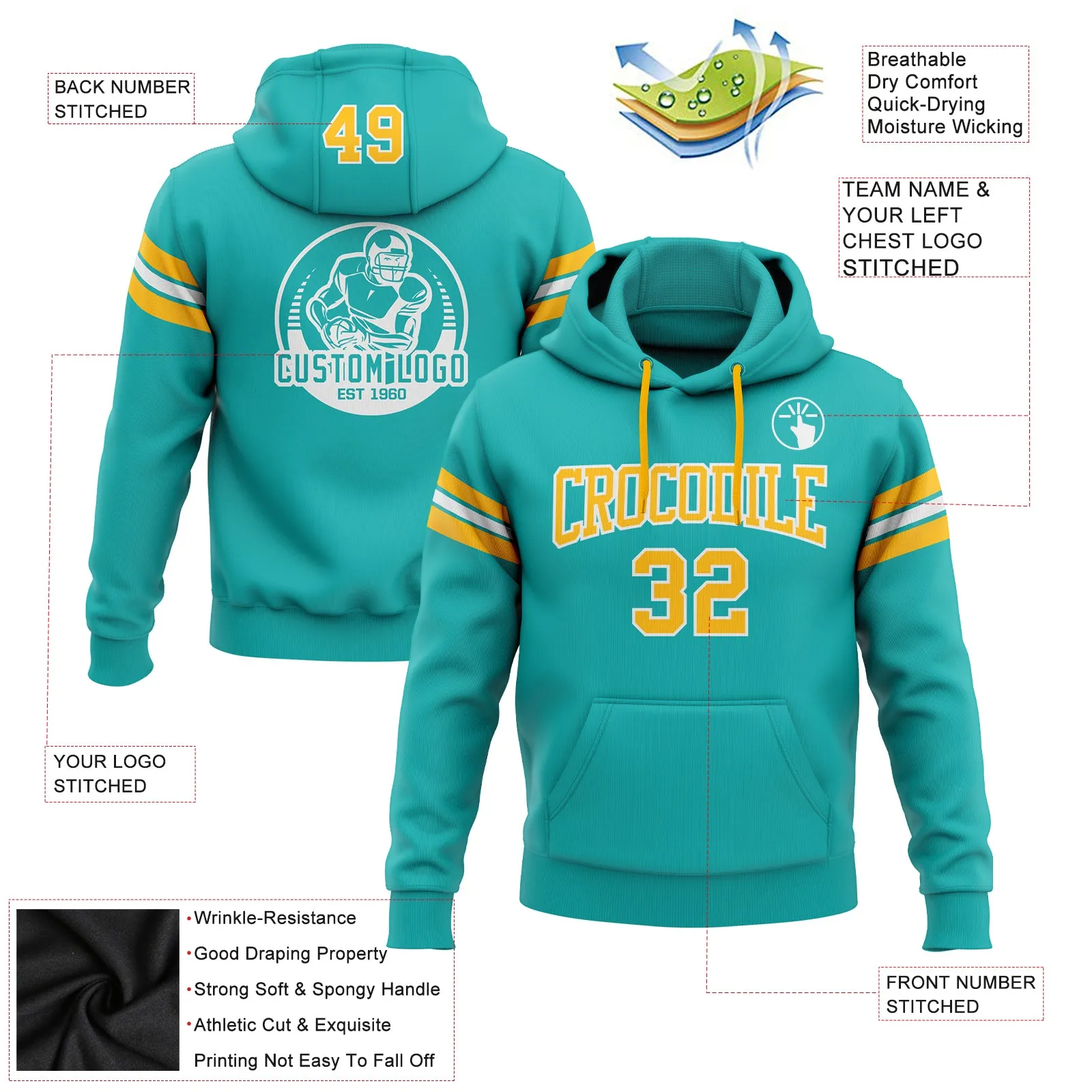 Custom Stitched Aqua Gold-White Football Pullover Sweatshirt Hoodie