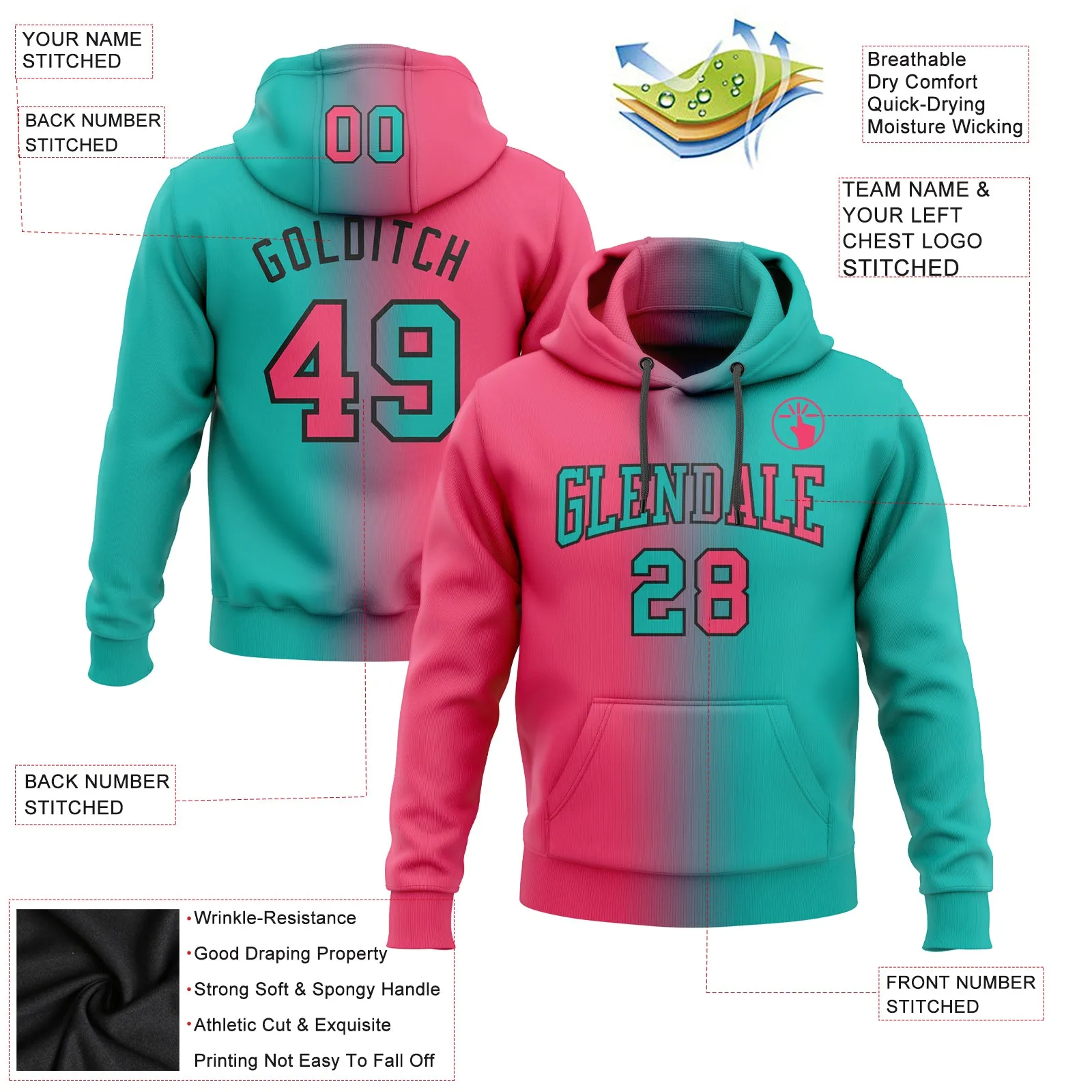 Custom Stitched Aqua Neon Pink-Black Gradient Fashion Sports Pullover Sweatshirt Hoodie