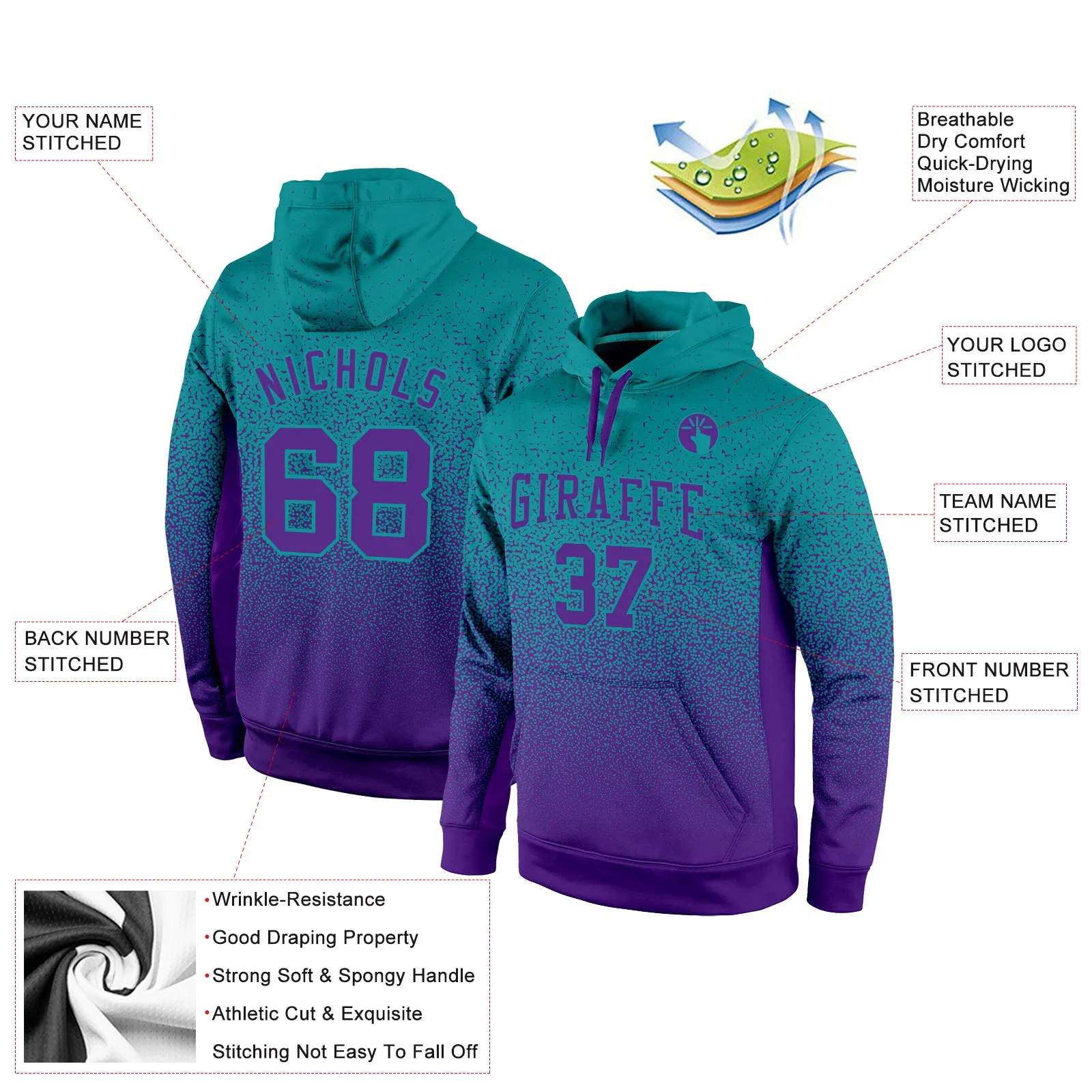 Custom Stitched Aqua Purple Fade Fashion Sports Pullover Sweatshirt Hoodie