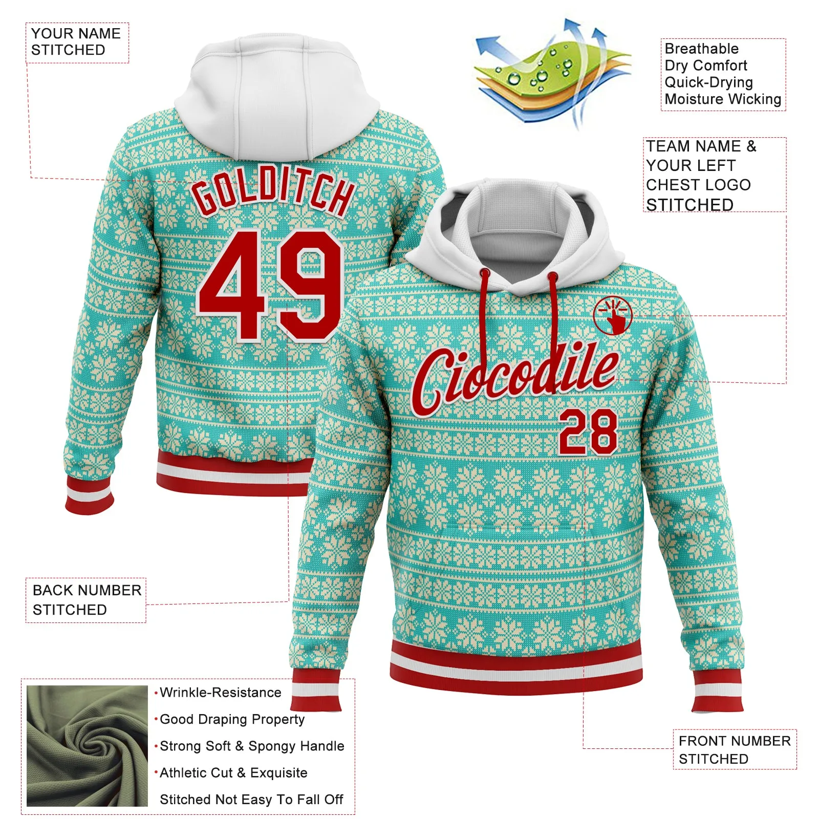 Custom Stitched Aqua Red-White 3D Christmas Sports Pullover Sweatshirt Hoodie