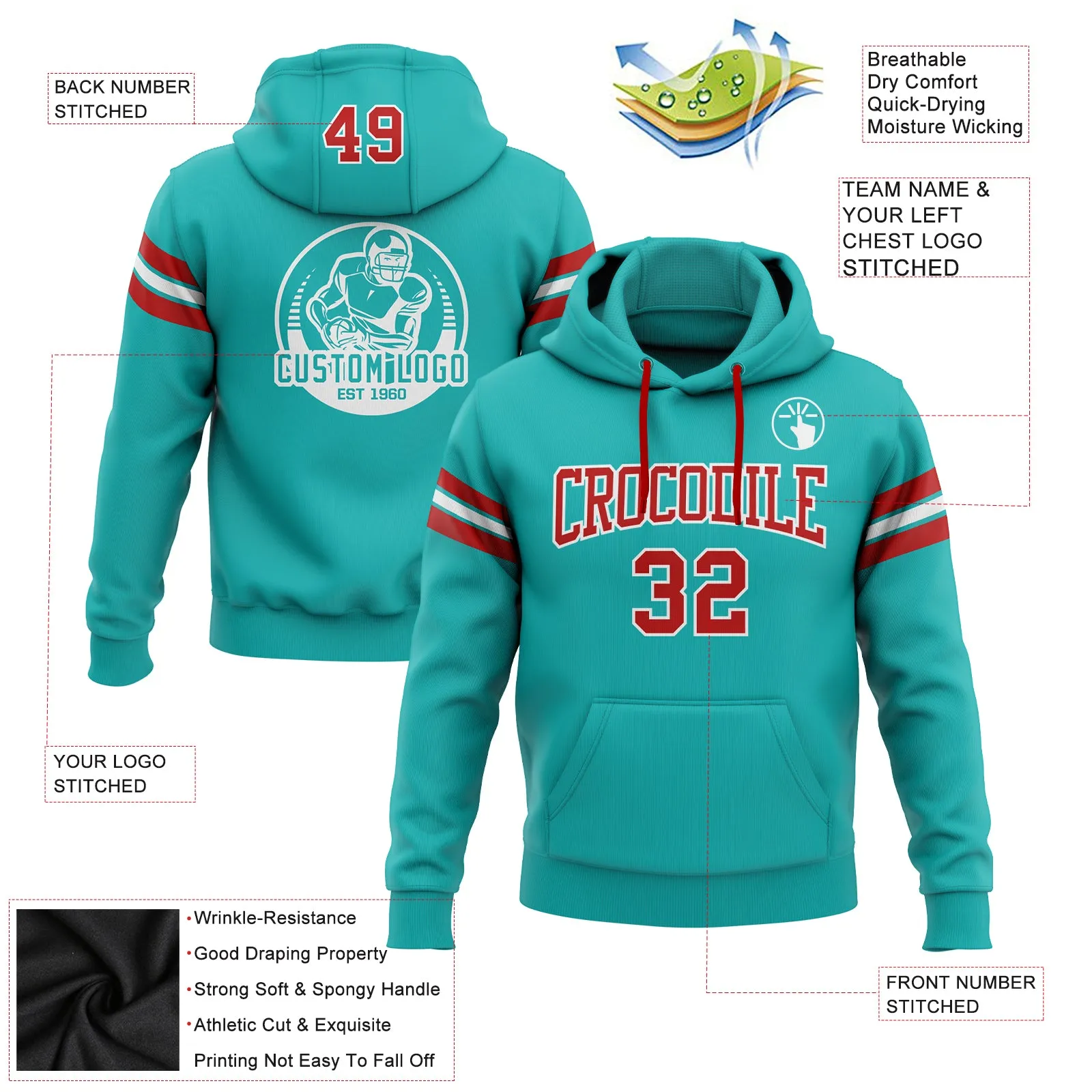 Custom Stitched Aqua Red-White Football Pullover Sweatshirt Hoodie