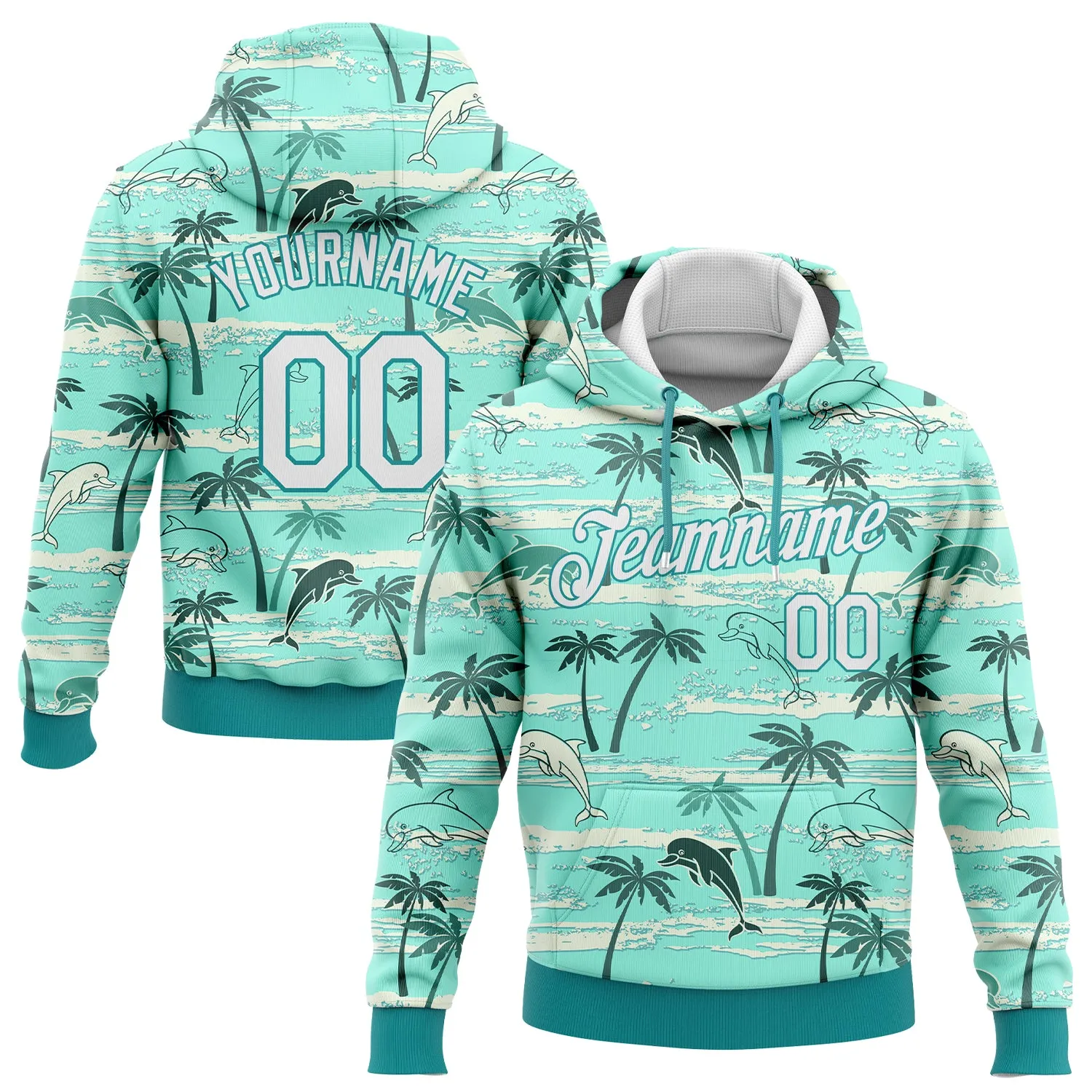 Custom Stitched Aqua White 3D Pattern Design Hawaii Palm Trees Sports Pullover Sweatshirt Hoodie