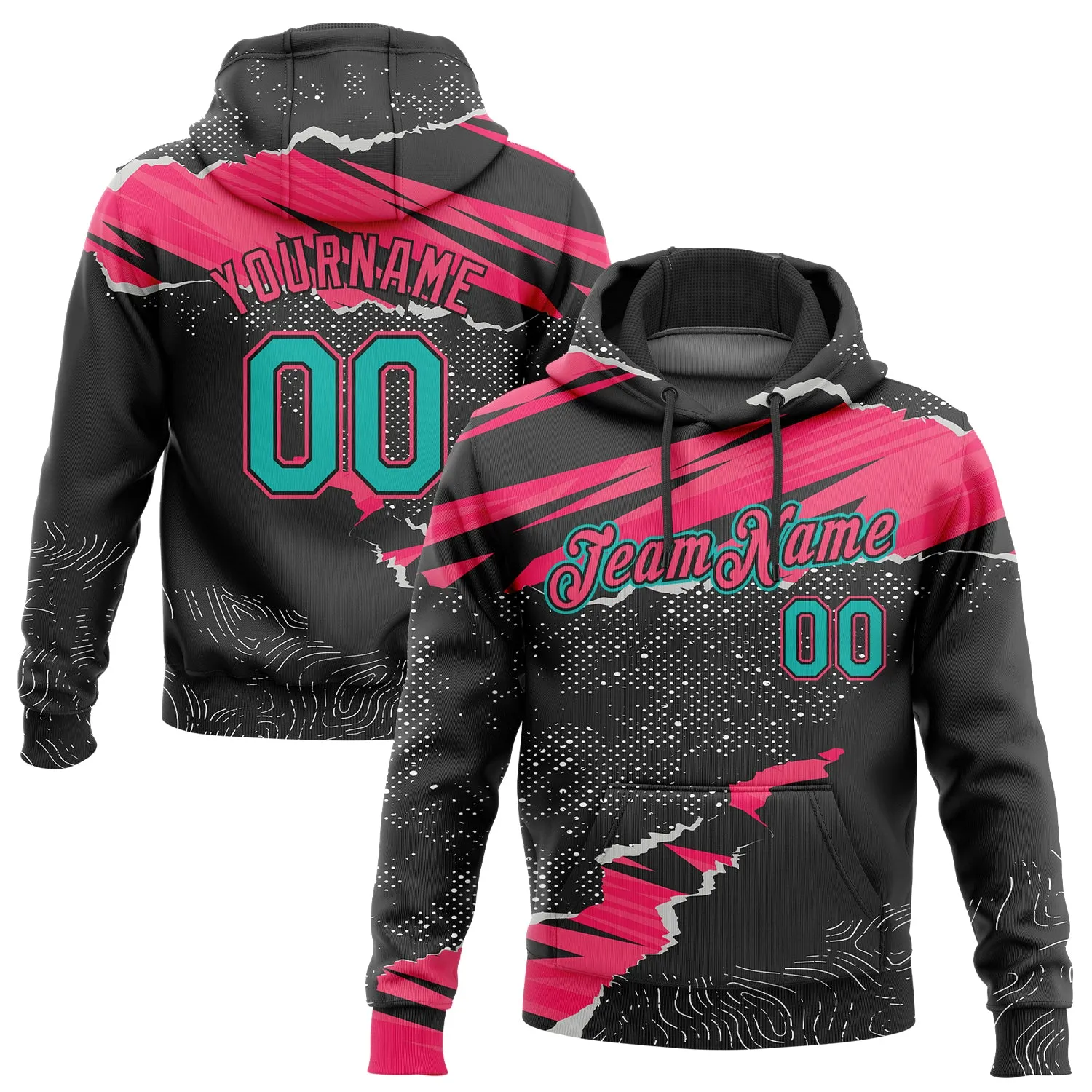 Custom Stitched Black Aqua-Neon Pink 3D Pattern Design Torn Paper Style Sports Pullover Sweatshirt Hoodie