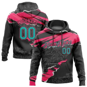 Custom Stitched Black Aqua-Neon Pink 3D Pattern Design Torn Paper Style Sports Pullover Sweatshirt Hoodie