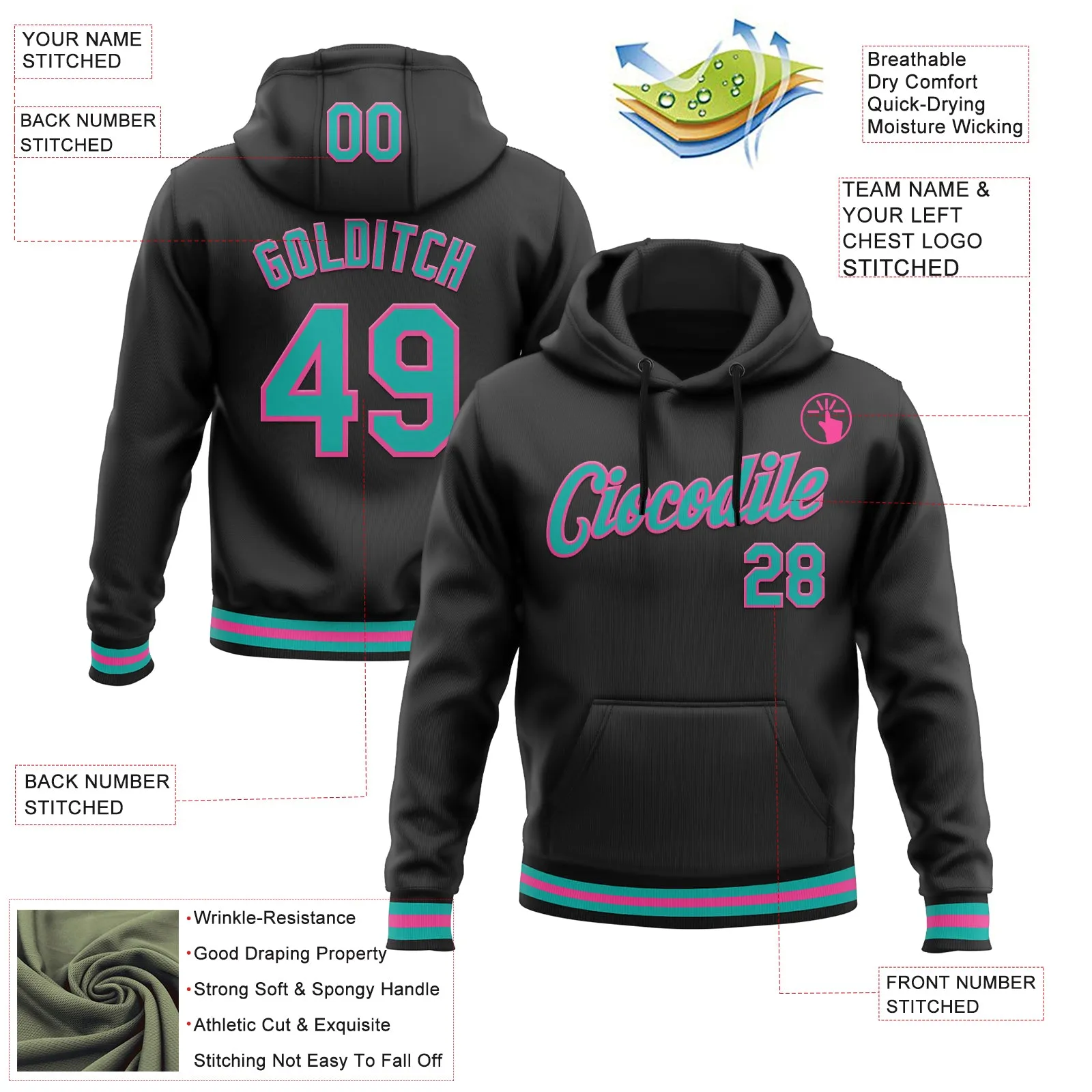 Custom Stitched Black Aqua-Pink Sports Pullover Sweatshirt Hoodie