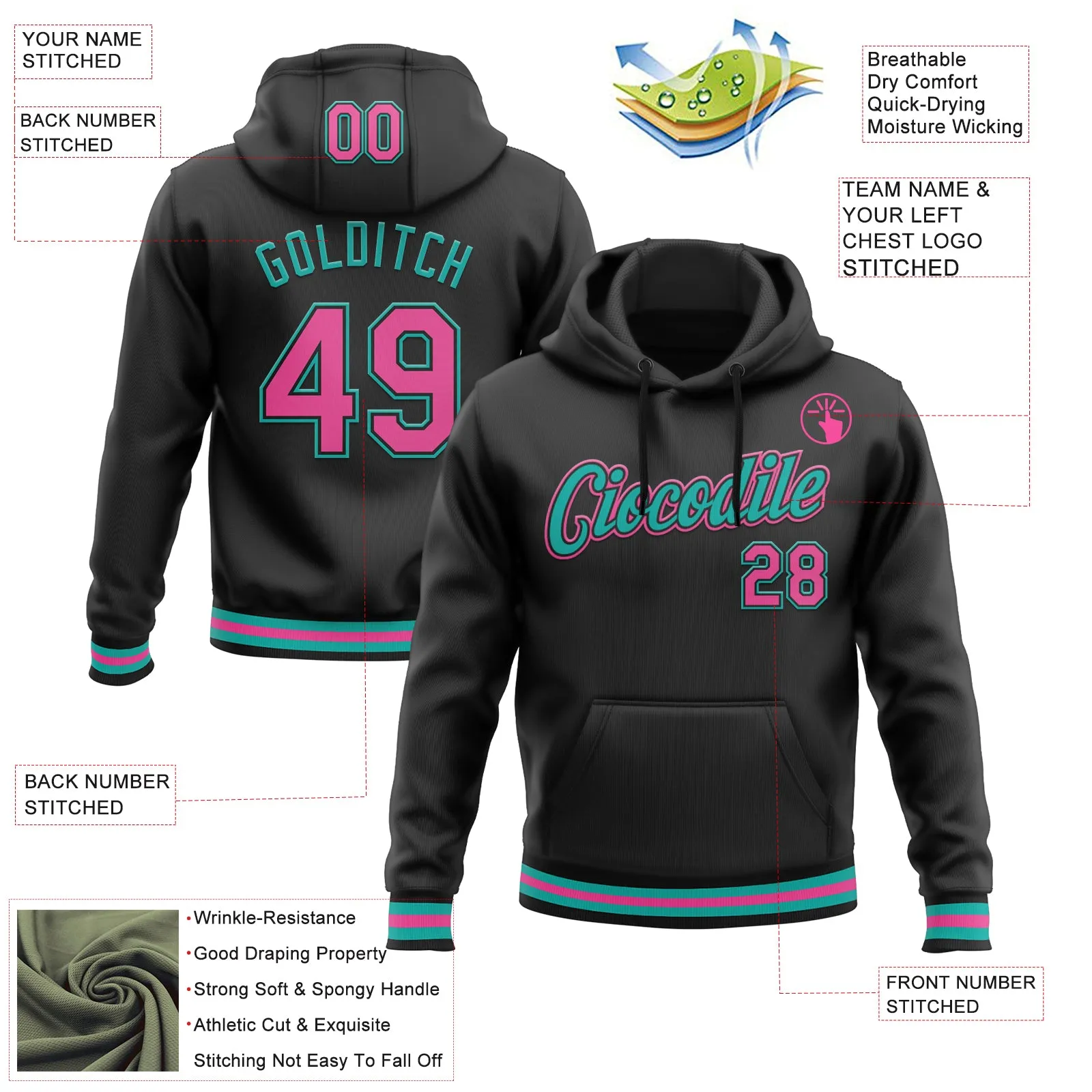 Custom Stitched Black Pink-Aqua Sports Pullover Sweatshirt Hoodie