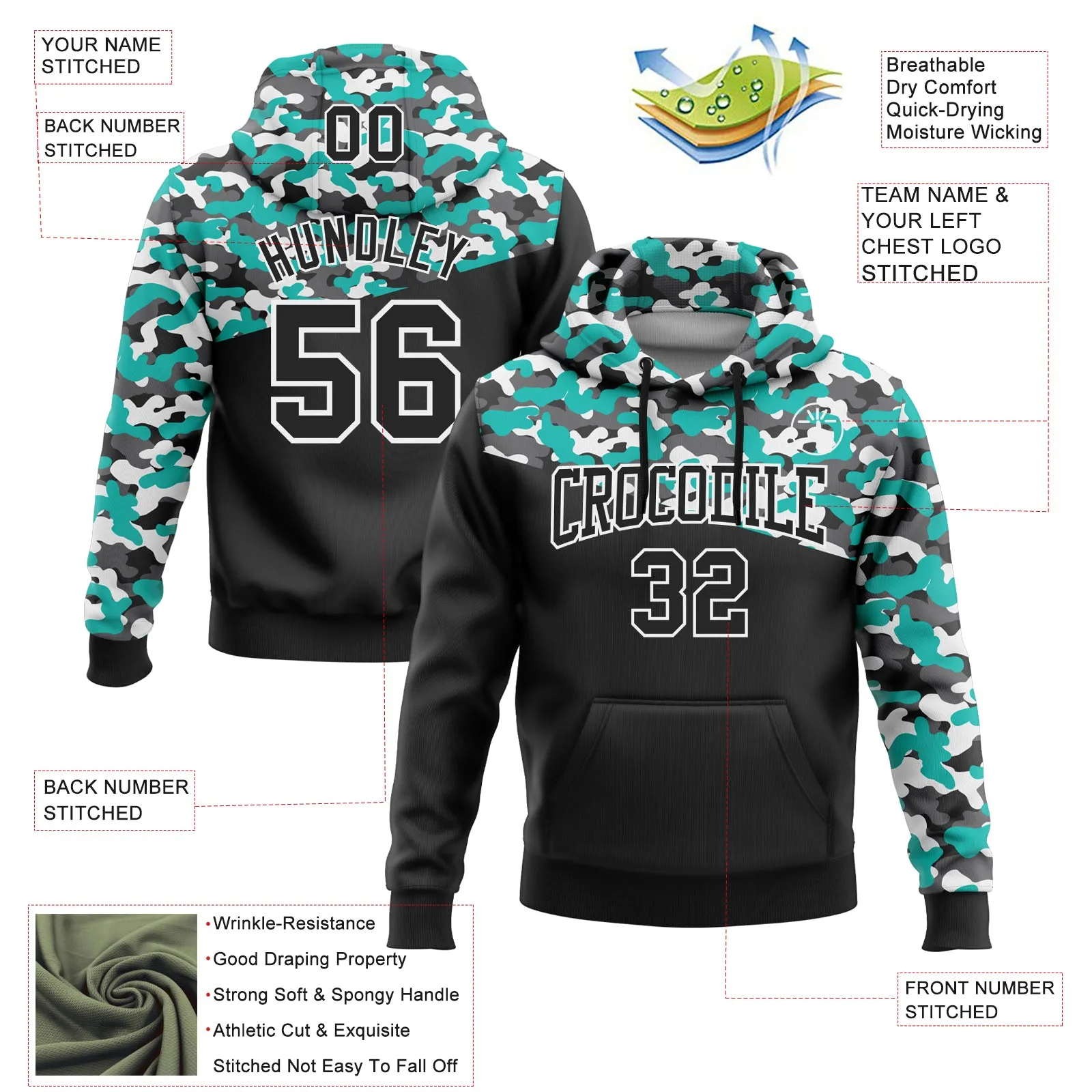 Custom Stitched Camo Black Aqua-Steel Gray 3D Sports Pullover Sweatshirt Salute To Service Hoodie