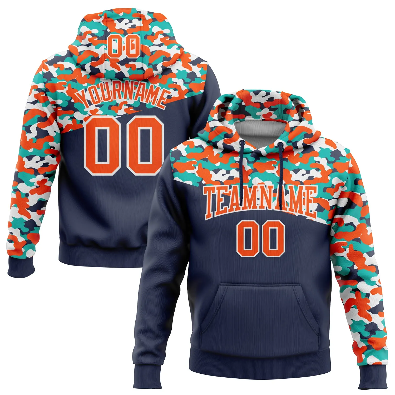 Custom Stitched Camo Orange Navy-Aqua 3D Sports Pullover Sweatshirt Salute To Service Hoodie