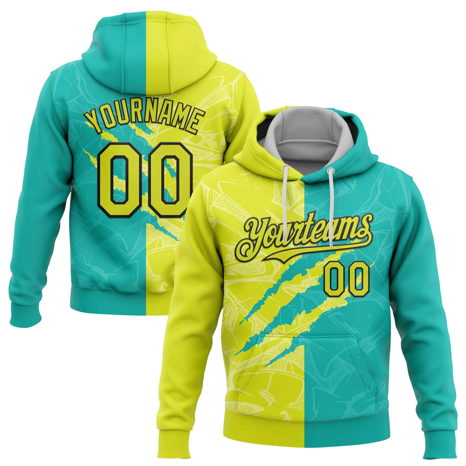 Custom Stitched Graffiti Pattern Neon Yellow Aqua-Black 3D Scratch Sports Pullover Sweatshirt Hoodie