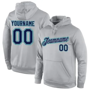 Custom Stitched Gray Navy-Aqua Sports Pullover Sweatshirt Hoodie