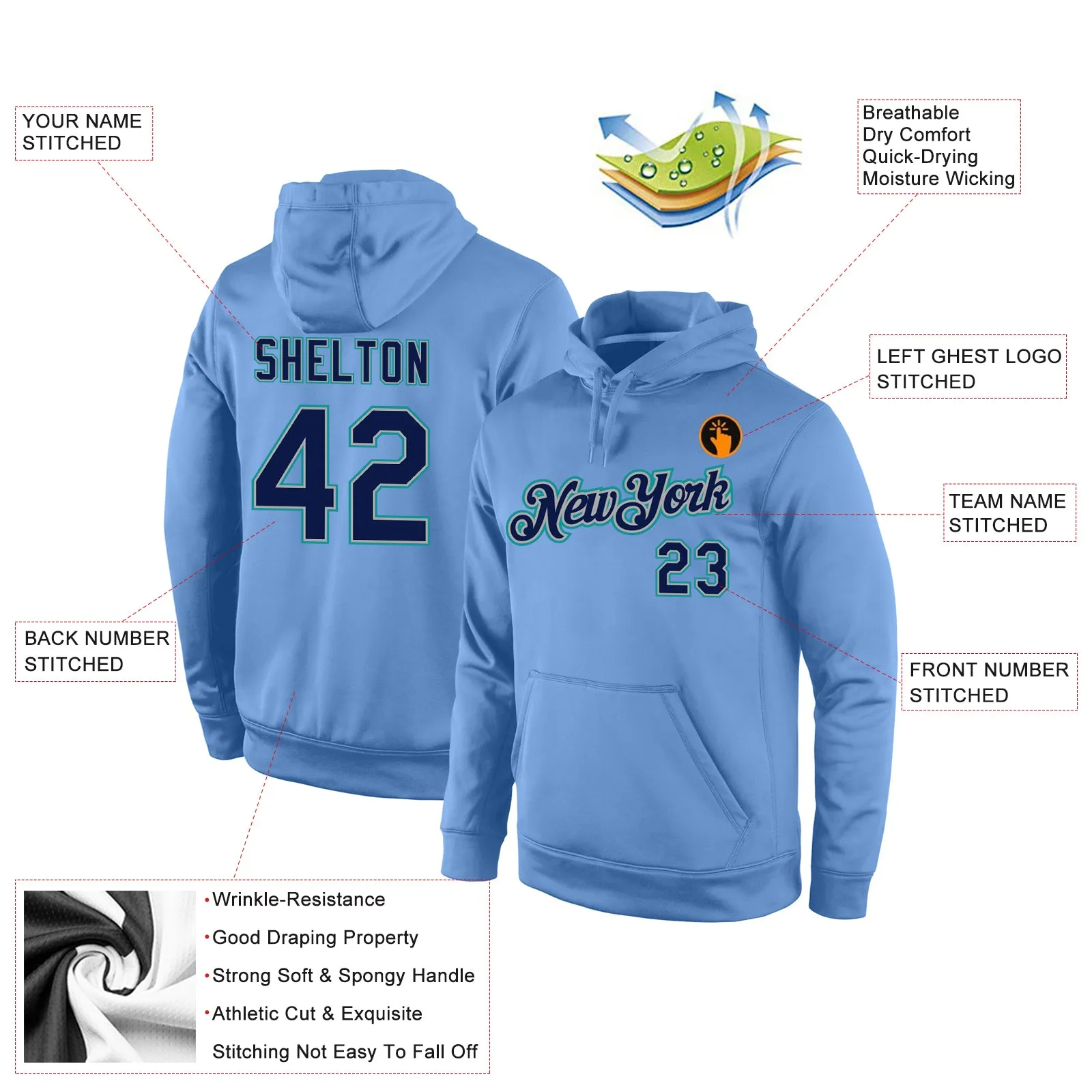 Custom Stitched Light Blue Navy-Aqua Sports Pullover Sweatshirt Hoodie