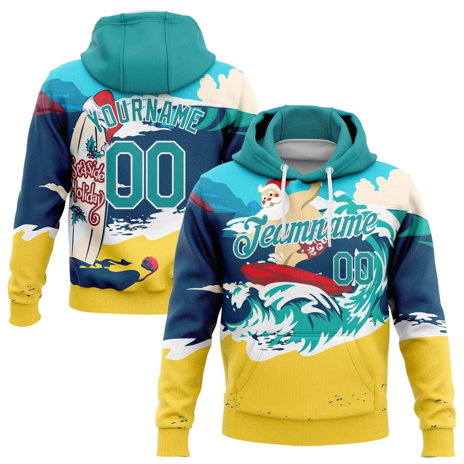 Custom Stitched Navy Aqua-Gold 3D Tropical Christmas Seaside Holiday Surfing Santa Sports Pullover Sweatshirt Hoodie