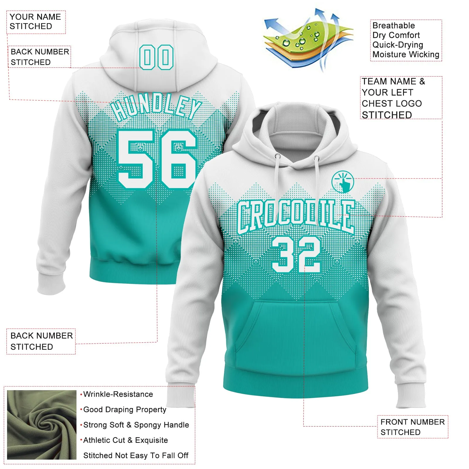 Custom Stitched White Aqua 3D Pattern Design Gradient Square Shape Sports Pullover Sweatshirt Hoodie