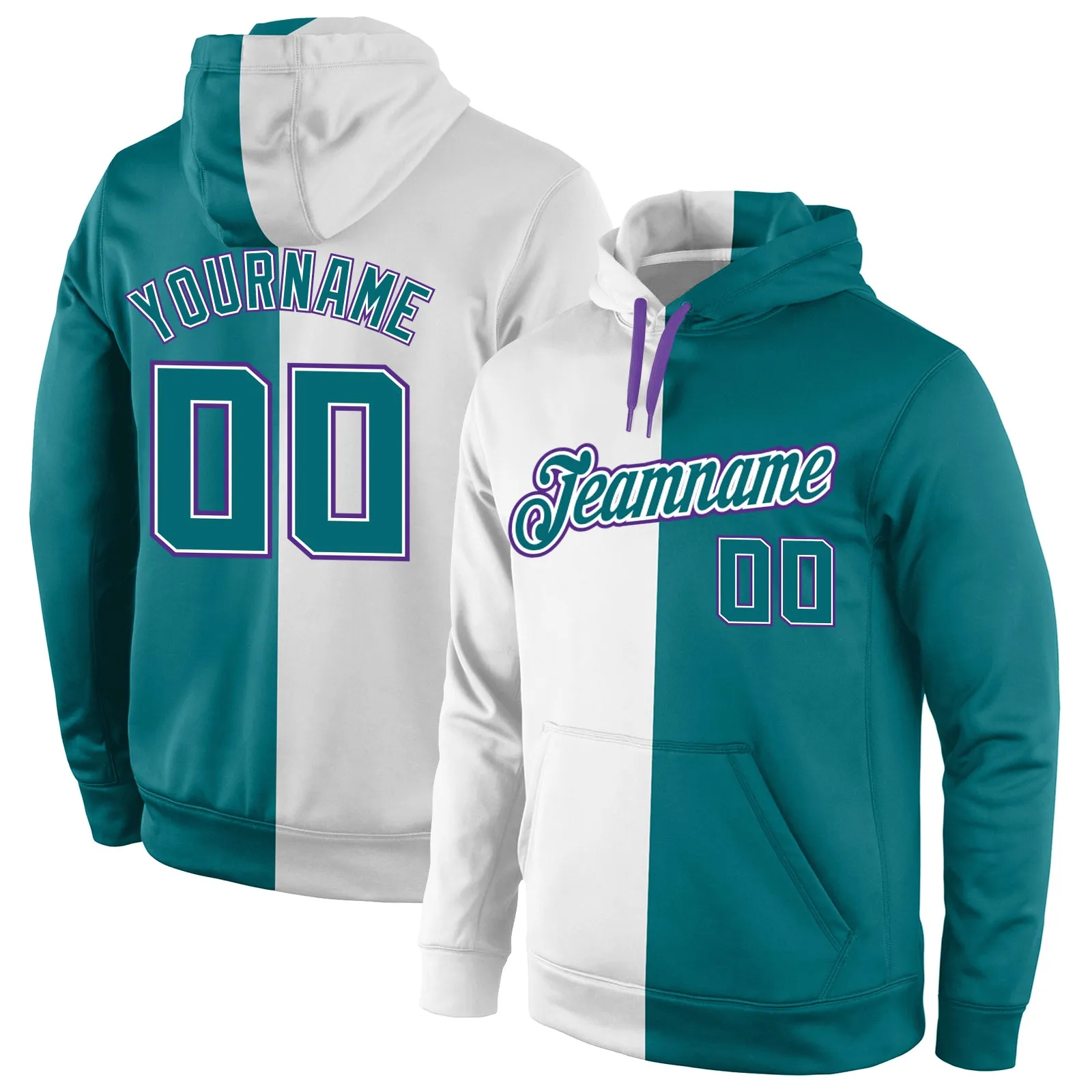 Custom Stitched White Aqua-Purple Split Fashion Sports Pullover Sweatshirt Hoodie