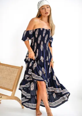 Daisy Bandeau High Low Dress in Navy Print