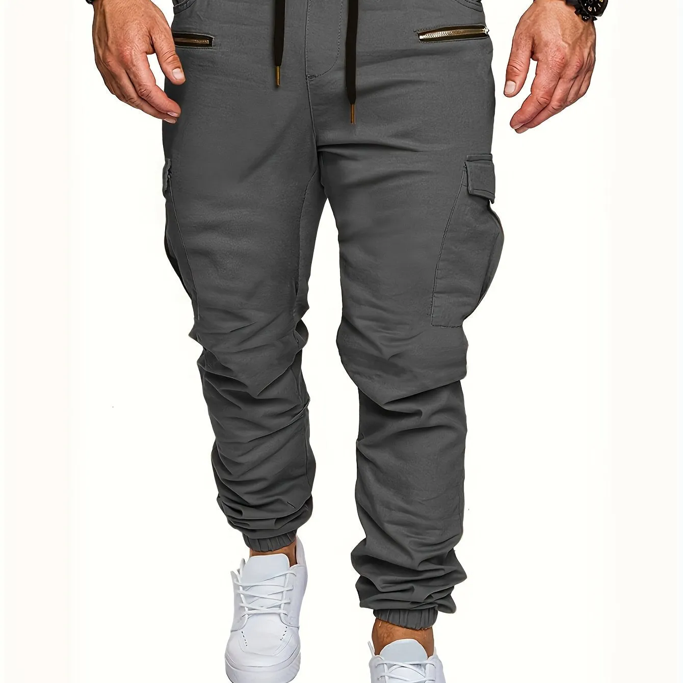 Drawstring Sweatpants With Flap Pocket Loose Fit Cargo Pants Men's Casual Slightly Stretch Joggers For Spring Autumn