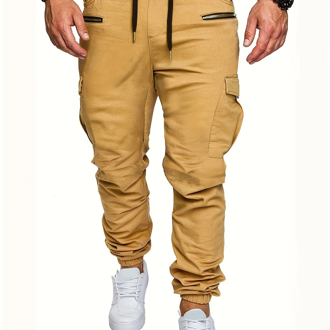 Drawstring Sweatpants With Flap Pocket Loose Fit Cargo Pants Men's Casual Slightly Stretch Joggers For Spring Autumn