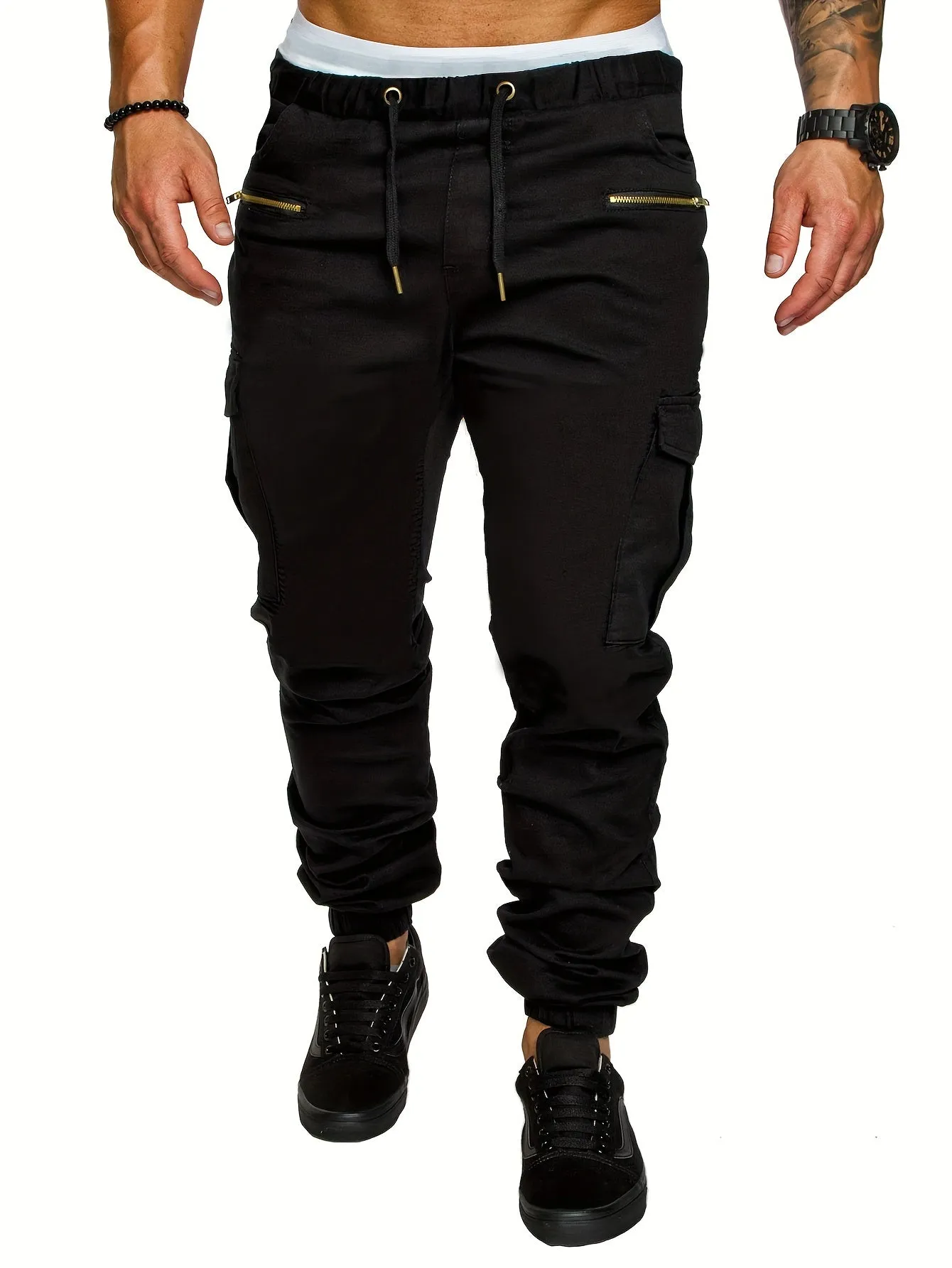 Drawstring Sweatpants With Flap Pocket Loose Fit Cargo Pants Men's Casual Slightly Stretch Joggers For Spring Autumn