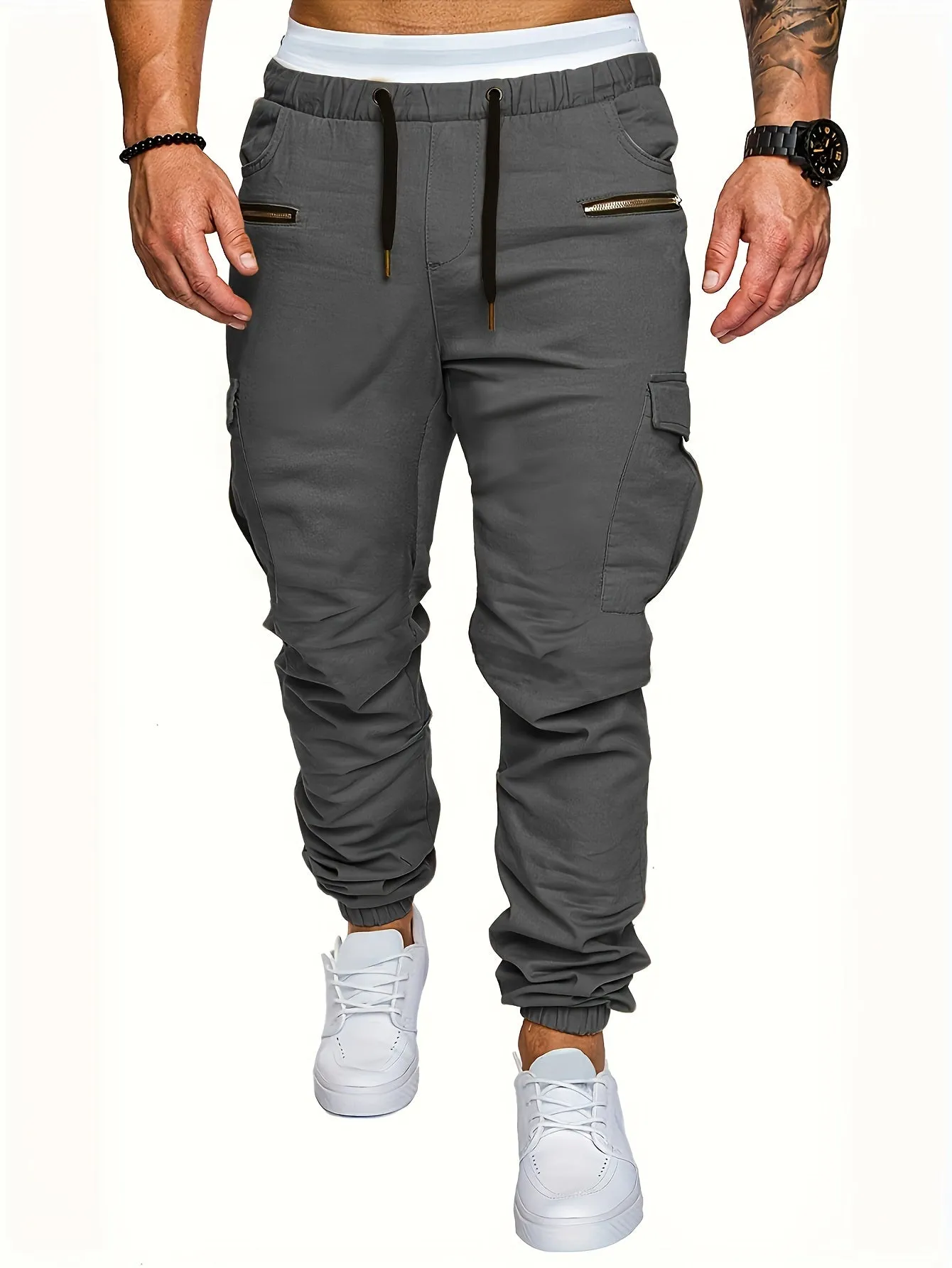 Drawstring Sweatpants With Flap Pocket Loose Fit Cargo Pants Men's Casual Slightly Stretch Joggers For Spring Autumn