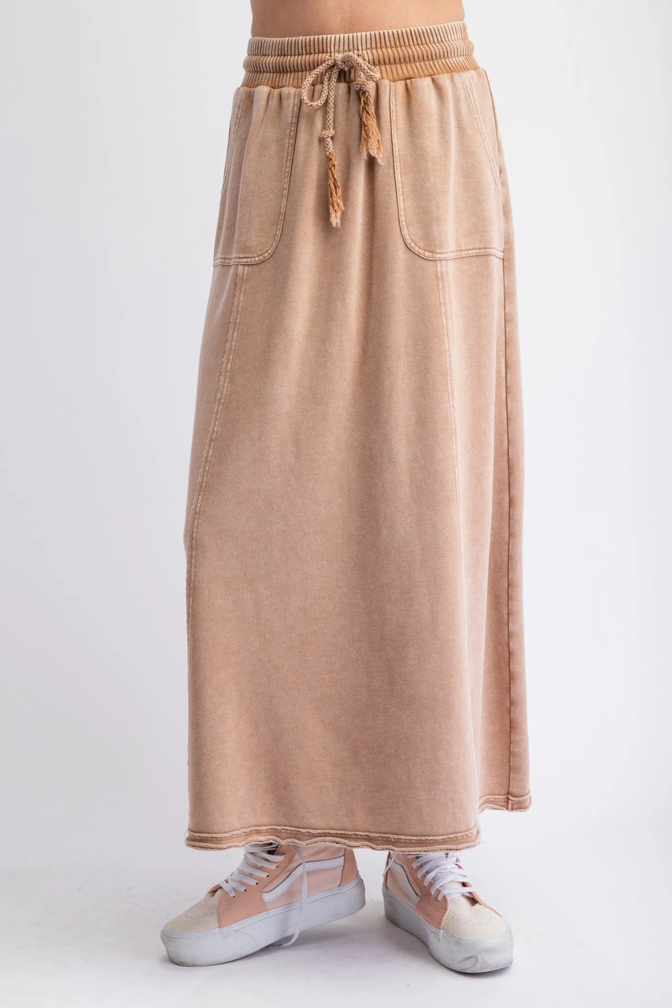 Easel Terry Knit Maxi Skirt in Camel ON ORDER