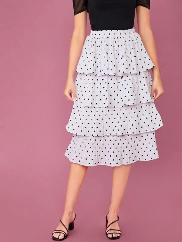 Elastic Waist Tiered Ruffle Polka Dot Midi Skirt