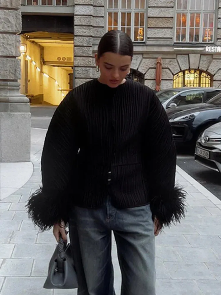 Elegant feathers long sleeves black fall jacket autumn coat night out jacket