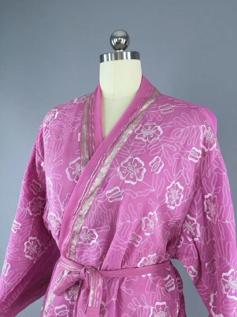 Embroidered Pink and Silver Silk Chiffon Kimono Cardigan made from a Vintage Indian Sari