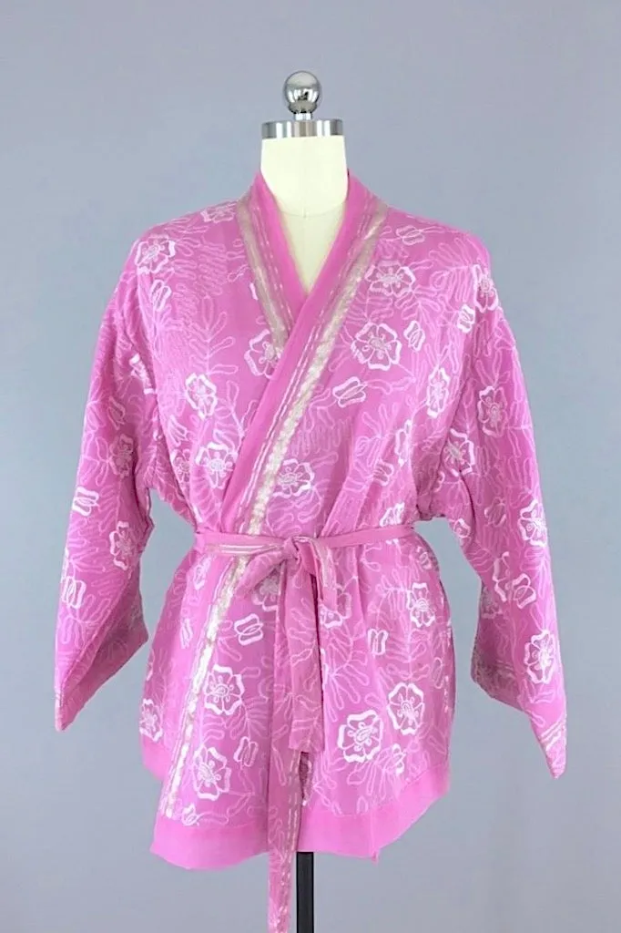 Embroidered Pink and Silver Silk Chiffon Kimono Cardigan made from a Vintage Indian Sari