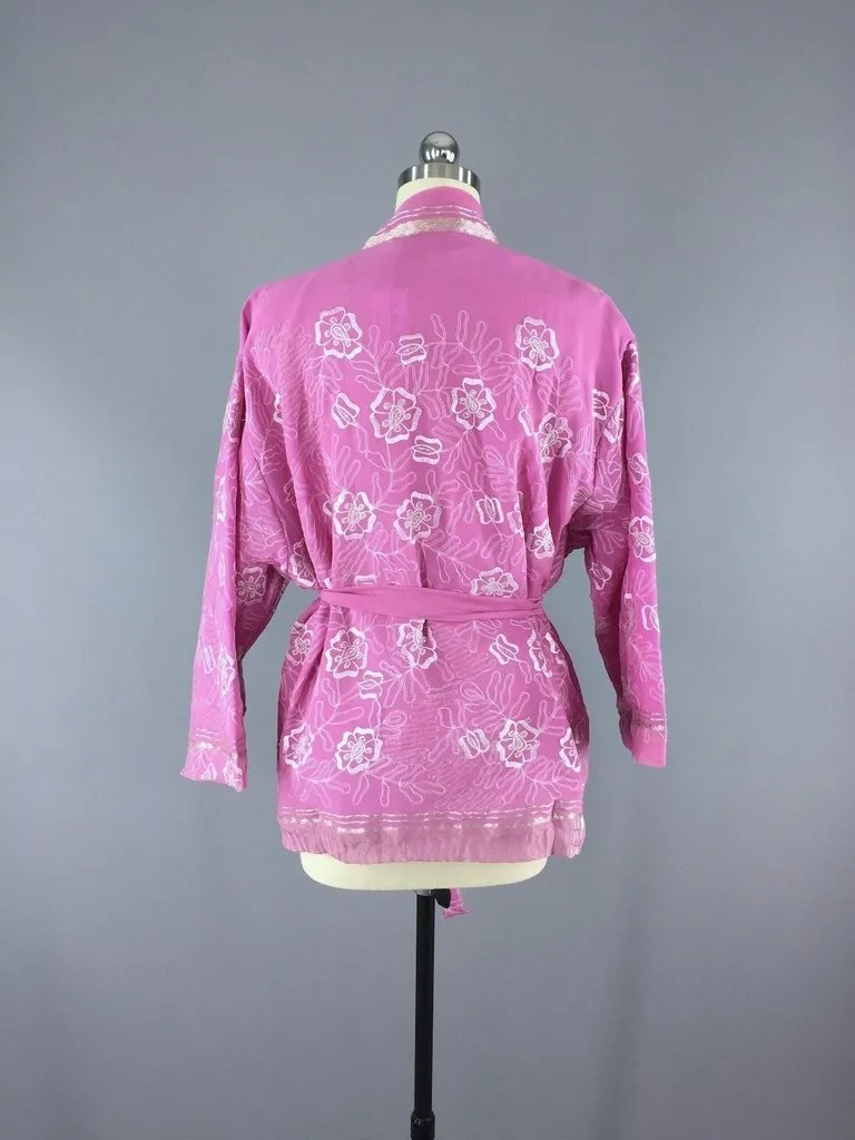 Embroidered Pink and Silver Silk Chiffon Kimono Cardigan made from a Vintage Indian Sari