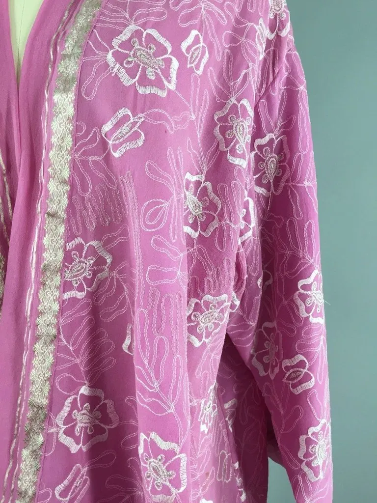 Embroidered Pink and Silver Silk Chiffon Kimono Cardigan made from a Vintage Indian Sari