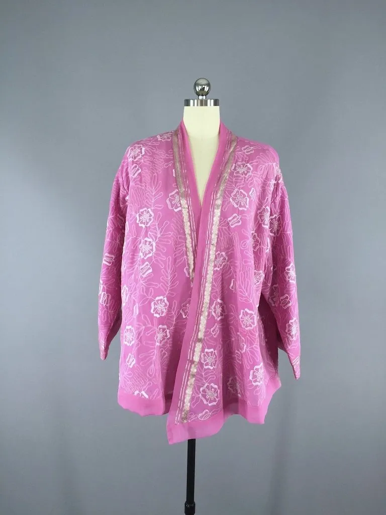 Embroidered Pink and Silver Silk Chiffon Kimono Cardigan made from a Vintage Indian Sari