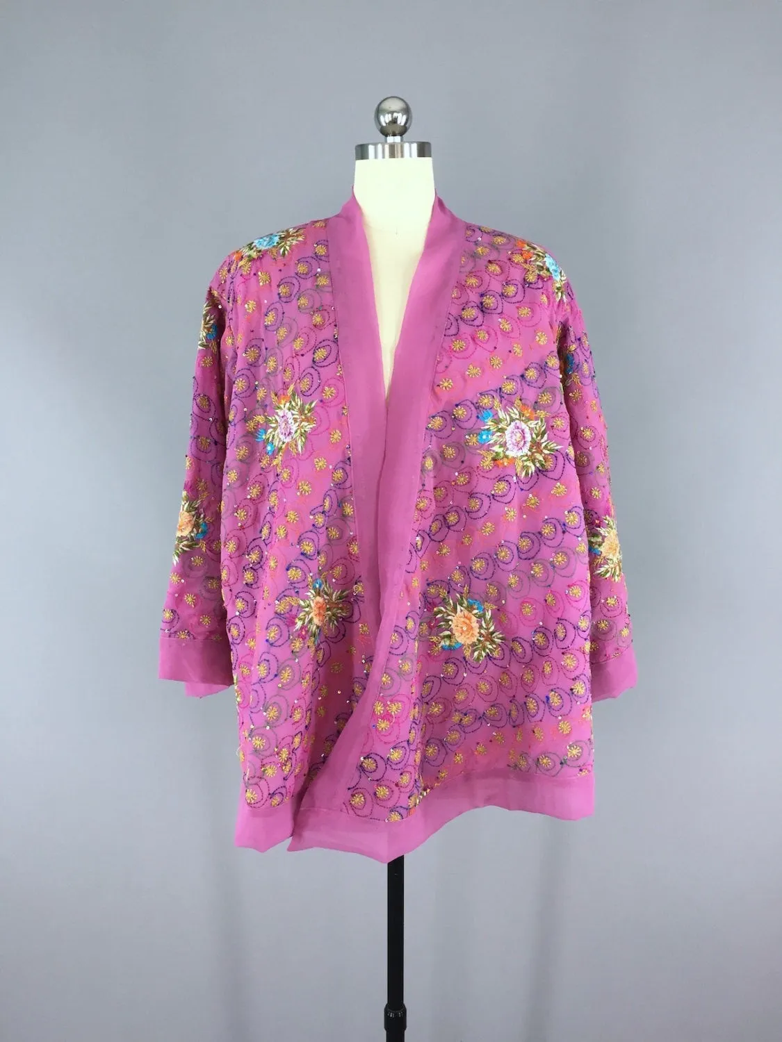 Embroidered Pink Orchid Silk Chiffon Kimono Cardigan Vintage Indian Sari