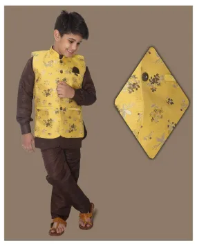 Fab Kid's Cotton Blend Printed Kurta Pyjama with Waist Coat Jacket