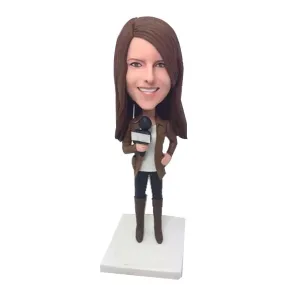 Female Journalist In Khaki Coat With Microphone Custom Figure Bobblehead