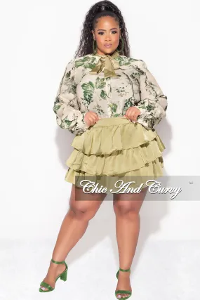 Final Sale Plus Size 2pc Set Button Up Collar Tie Top and Ruffle Layered Hem Mini Skirt in Olive