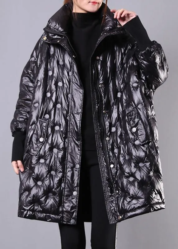 Fine Black Duck Down Coat Plus Size Stand Collar Winter Jacket Batwing Sleeve New Overcoat