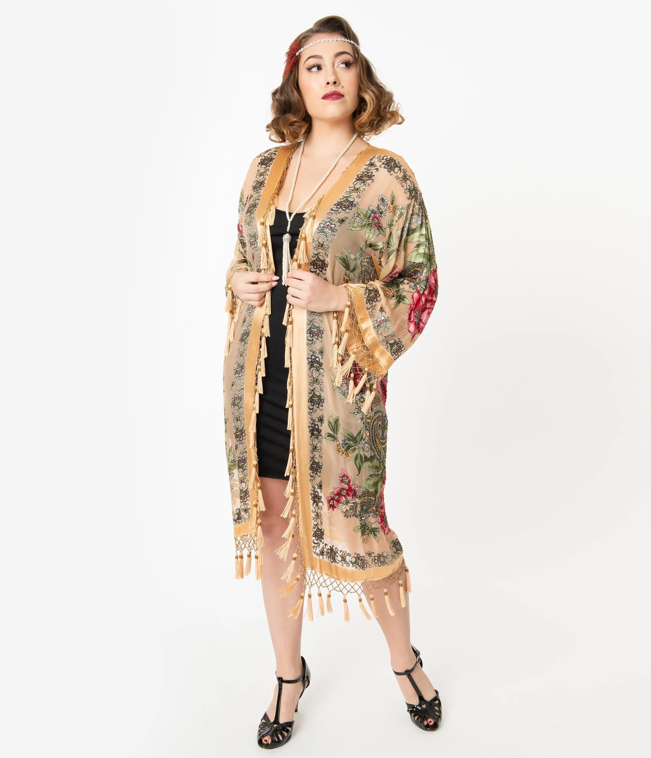 Flapper Style Gold Beaded Floral Print Scarf Coat