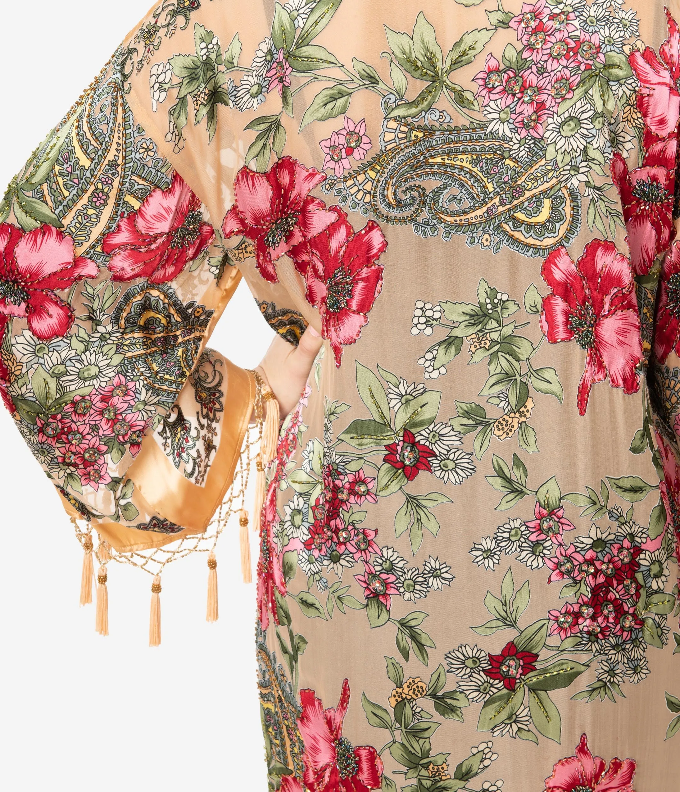 Flapper Style Gold Beaded Floral Print Scarf Coat